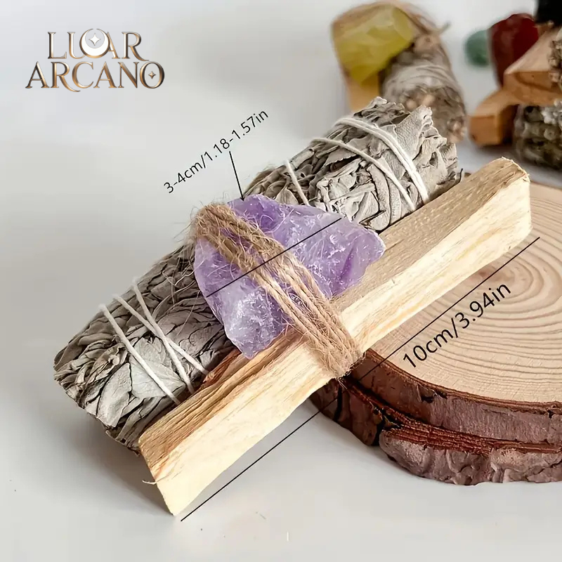 Kit Purificação Energética com Sálvia Branca, Palo Santo e Cristal Ametista | Limpeza Espiritual e Proteção – Luar Arcano