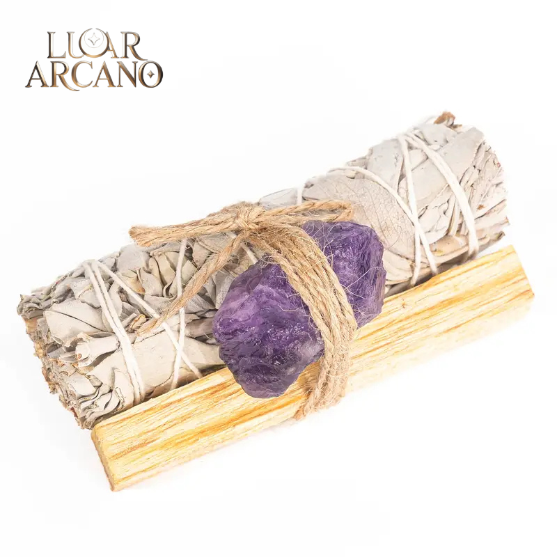 Kit Purificação Energética com Sálvia Branca, Palo Santo e Cristal Ametista | Limpeza Espiritual e Proteção – Luar Arcano