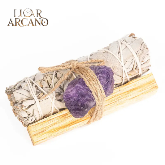 Kit Purificação Energética com Sálvia Branca, Palo Santo e Cristal Ametista | Limpeza Espiritual e Proteção – Luar Arcano