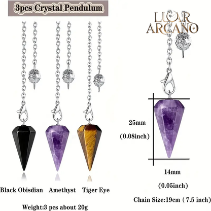 Conjunto de 3 Pêndulos de Cristal Natural para Adivinhação e Radiestesia | Energia, Intuição e Equilíbrio – Luar Arcano
