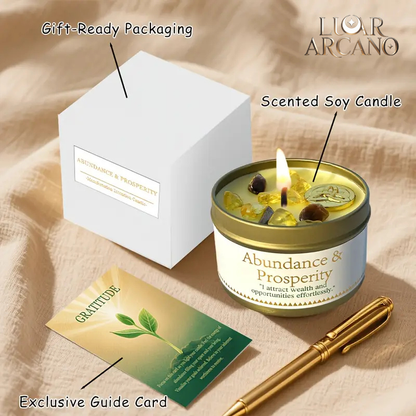 Vela Abundância & Prosperidade – Feita à Mão com Cristais e Intenção | Luar Arcano